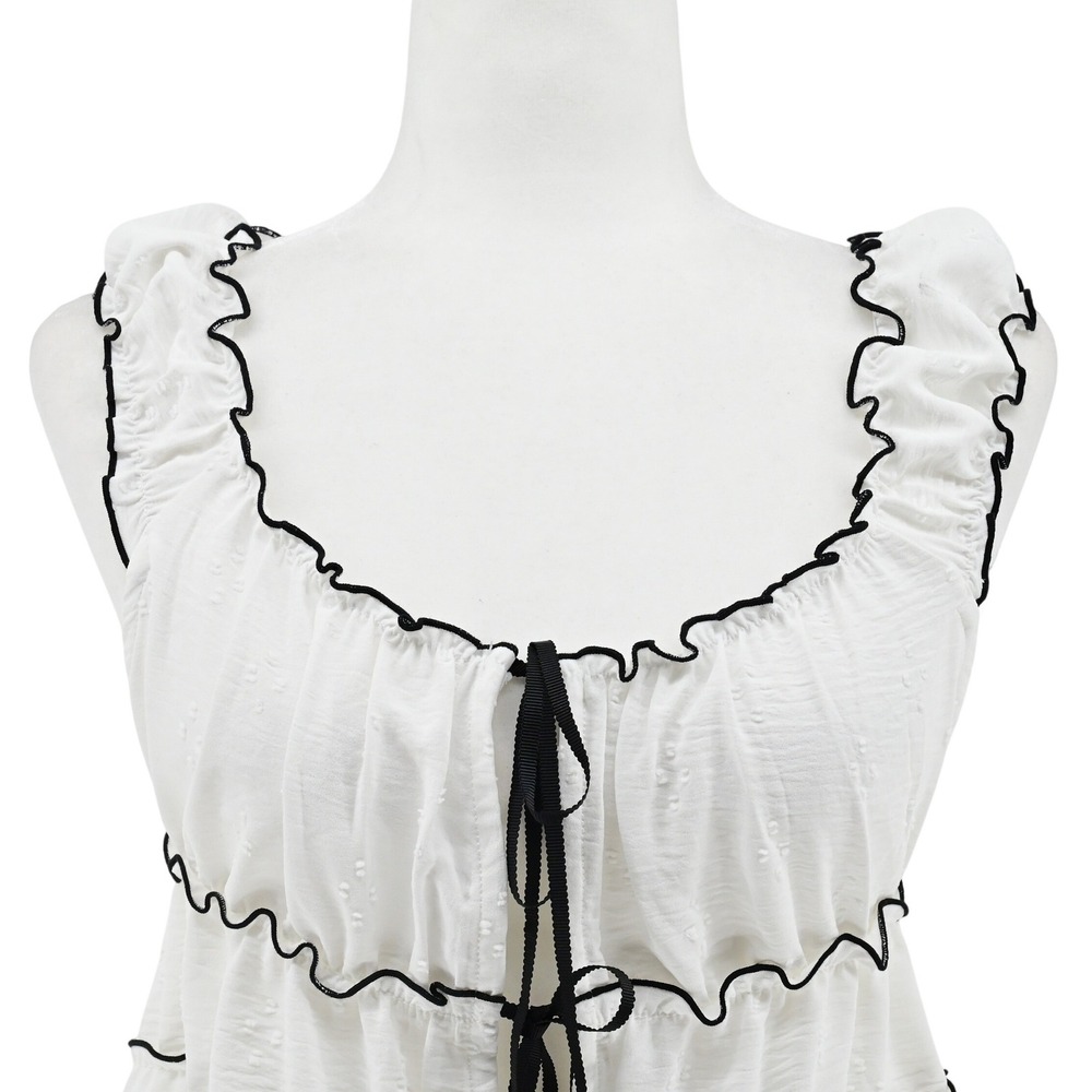 Y2K KIRIOUS Los Angeles White Babydoll Bustier Top Black Lettuce Hem Coquette - Picture 3 of 9